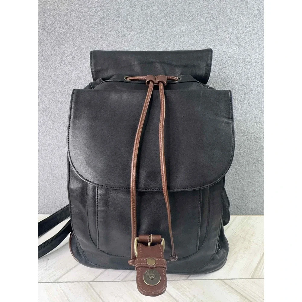 BREE Germany Leather Backpack Purse Black Brown Two Tone Drawstring Flap Bag VTG